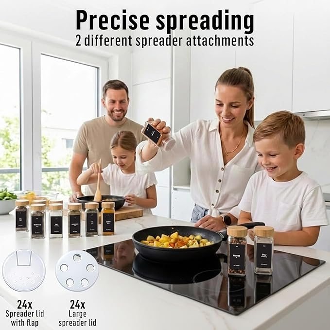 Deco haus Glass Spice Jars with Bamboo lids 24 x 4oz [LABELS incl] Spice Containers with 280 Labels, Funnel & Chalk Marker - Empty Herb Seasoning Containers, Small Seasoning Bottles for Herb