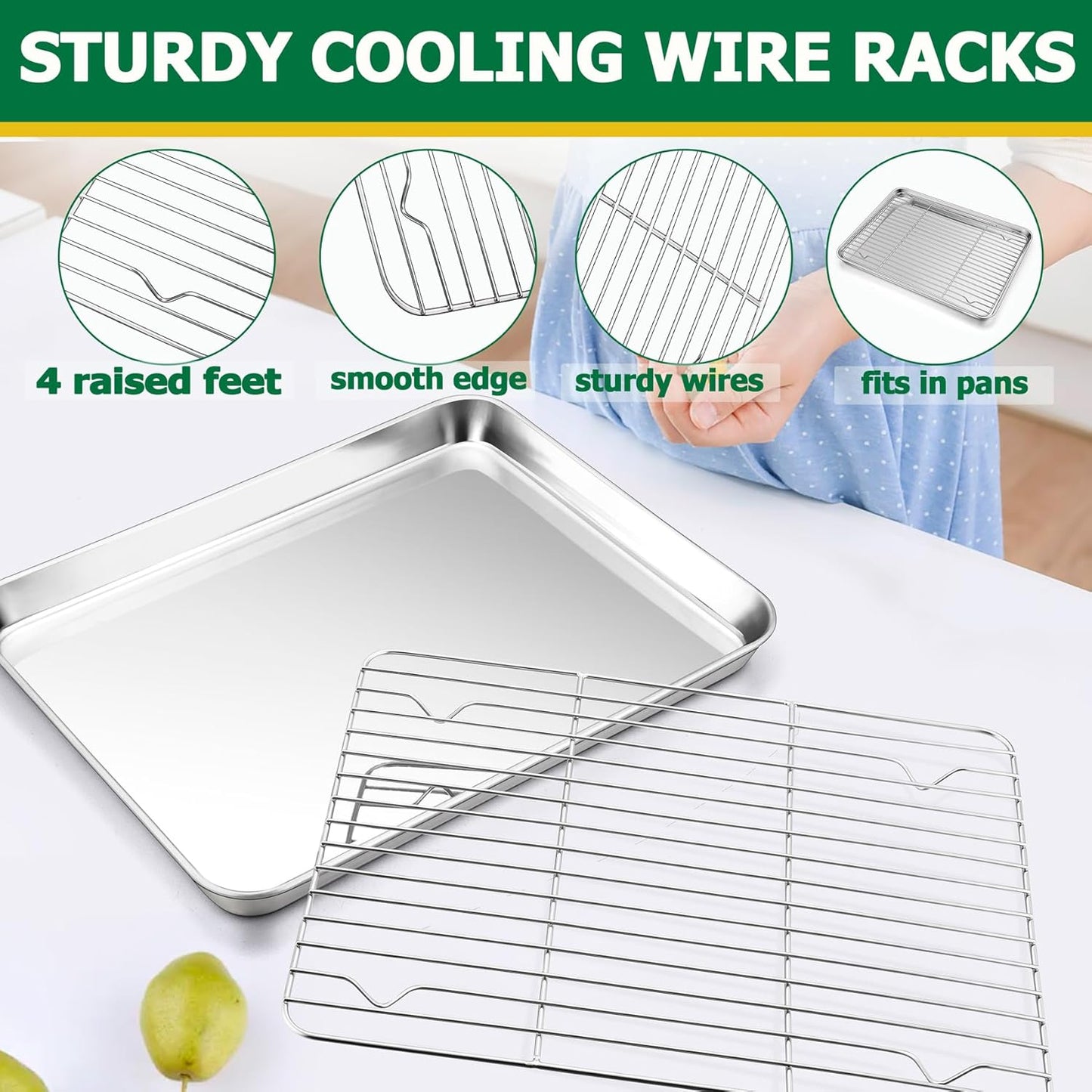 TeamFar Baking Sheet Set - Stainless Steel Baking Sheet Pan with Cooling Rack & Silicone Baking Mat, 10.5/12.5/16inch Cookies Sheets for Oven Baking (3 Sheets + 3 Racks + 3 Mats), Easy Clean