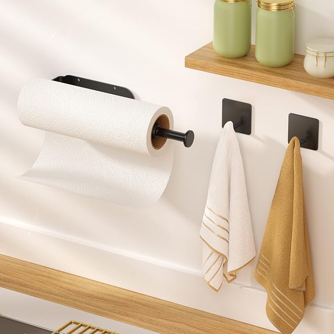 3 Pack Paper Towel Holder Under Cabinet + 2 Towel Robe Hooks, Single Hand Operable Wall Mount Paper Towel Holder with Damping Effect, Adhesive or Drilled Paper Roll Holders for Kitchen, Bathroom, RV