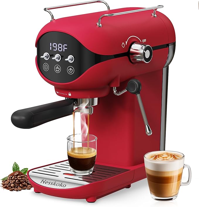 Espresso Machine with Steam Milk Frother Semi Automatic 20 Bar Compact Red with Toggle Switch for home Cafetera Espresso, Latte, Cappuccino, Americano, Macchiato