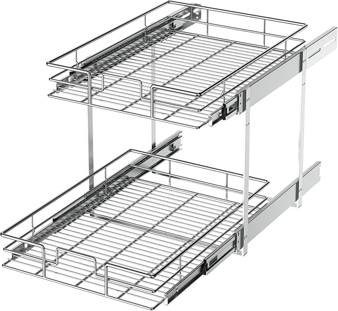 LOVMOR 2 Tier Individual Pull Out Cabinet Organizer 14" W x 18" D, Slide Out Kitchen Cabinet Storage Sliding Shelves