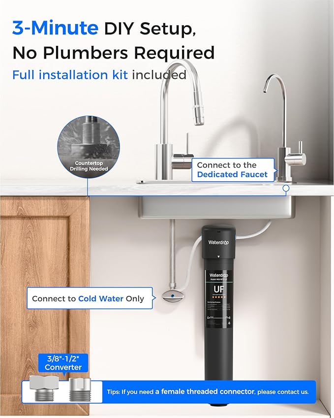 Waterdrop 17UB-UF 0.01 μm Ultra Filtration Under Sink Water Filter System, 3 Years, Reduces Lead, Chlorine, Bad Taste & Odor, with Dedicated Brushed Nickel Faucet