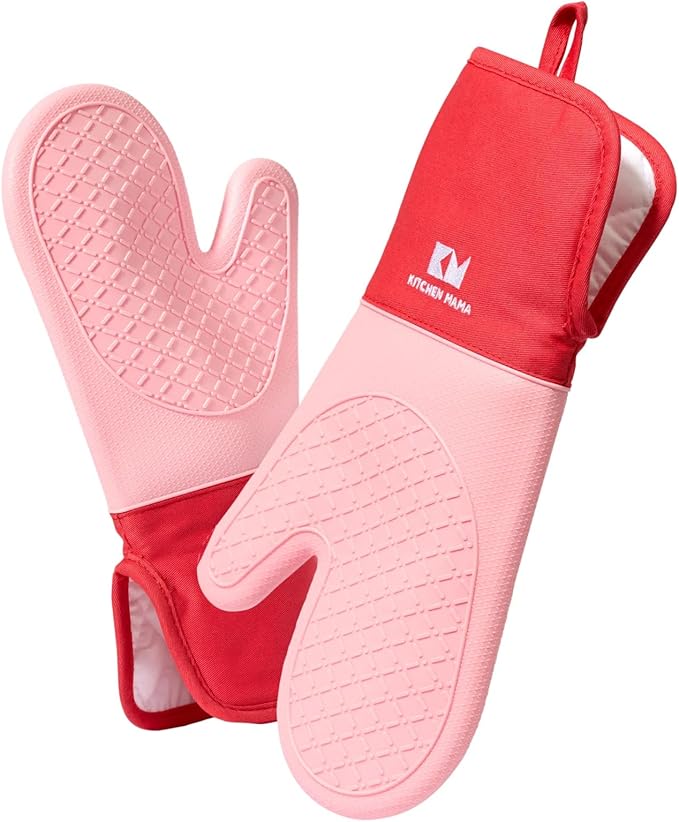Kitchen Mama UltraShield Silicone Oven Mitts – Heat Resistant, Non-Slip Surface, Durable, Safe, Pot Holders, FlexiblWaterproof Glove Set, Perfect for Cooking, Baking, Grilling, BBQ (Red)