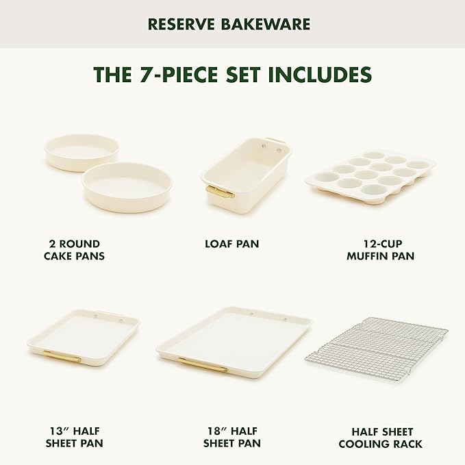 GreenPan Bakeware Set, 7 Piece Nonstick Ceramic Gold Handle Baking Sheets, Cake Pans, Loaf Pan, Muffin Tin, Cooling Rack, PFAS & BPA Free, Freezer to Oven Dish, Bake & Roast Ovenware, Cream