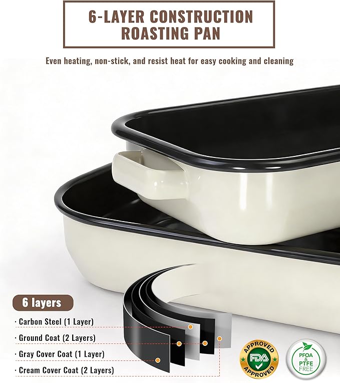 Roasting Pan for Oven with Rack 6-Piece Enamel Lasagna Baking Dishes Set 14&17 Inch, 572°F High Temperature Resistance Dishwasher Safe Non-Stick Deep Turkey Roaster Pan Mothers Day Gift Bakeware