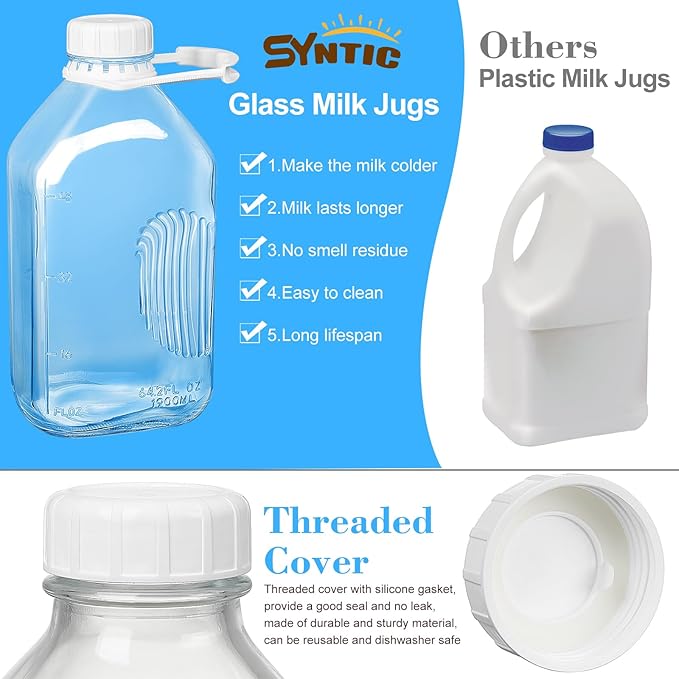 Syntic 2 Qt Glass Milk Bottle with Reusable Strong Airtight SCREW LID, 64 Oz Glass Juice Bottles for Almond Milk, Oat/Nut Milk- 0.5 Gal Water Bottle with 2 Exact Scale Lines, Extra Handle AND Cap！
