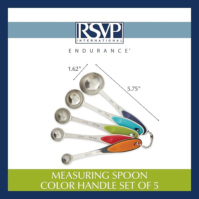 RSVP International Endurance Kitchen Collection Measuring Tools, Dishwasher Safe, Colored Handles, 5 Piece, Stainless Steel