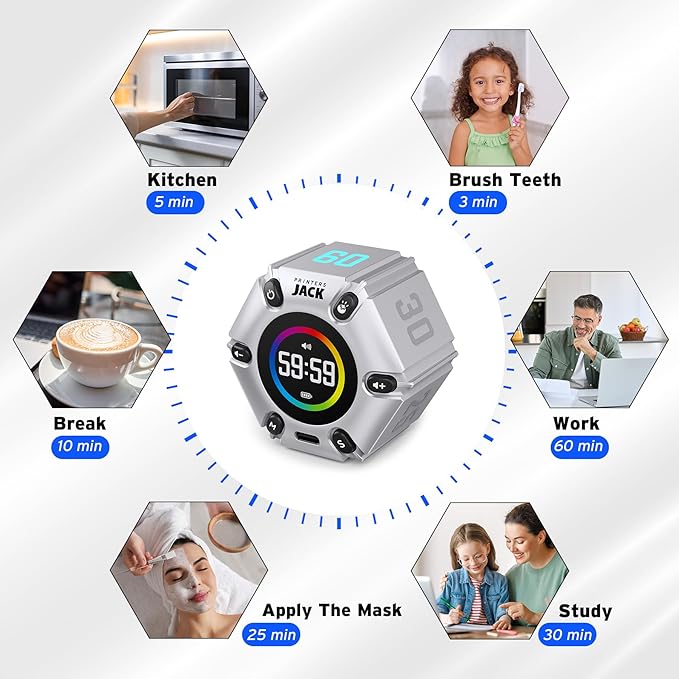 Printers ack Pomodoro Timer - Productivity Cube, Visual Focus Timer, Mute & Vibration & Adjustable Sound Alert, for Office, ADHD, Study, Work, 3/5/10/25/30/60min & Custom Countdown - Silver