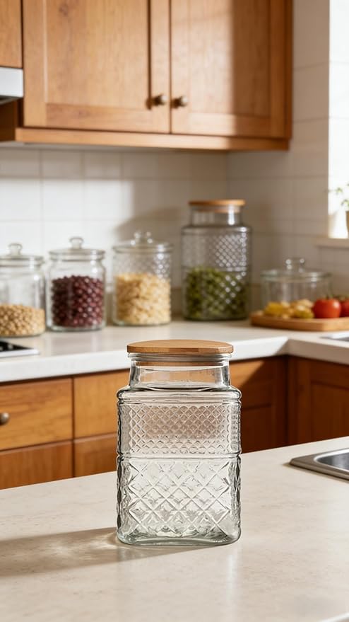 Large Glass Storage Jar, 60 FL OZ Glass Food Storage Containers with Bamboo Lid, Kitchen Containers Cereal Canisters Decorative Jar for Candy Snack Cookies Coffee Tea Nuts Airtight Jars