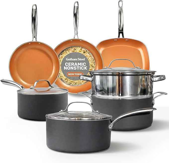 Gotham Steel 12 Pc Ceramic Cookware Set Nonstick, Ceramic Pots and Pans Set Non Stick with Steamer for Cooking, Non Toxic PFOA PFOS Free, Ergonomic Stay Cool Handles, Oven & Dishwasher Safe, Copper