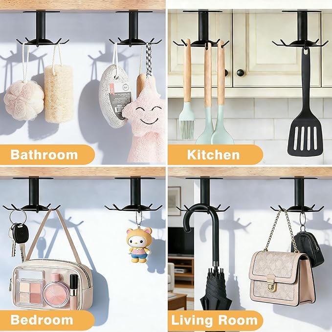 Utensil Hooks, 2 Pack Metal Steel Kitchen Utensil Hangers Rack 360° Rotating Under Cabinet Utensil Hooks Top Mounted with 6 Rotatable Claws for Cabinet Kitchen Bathroom