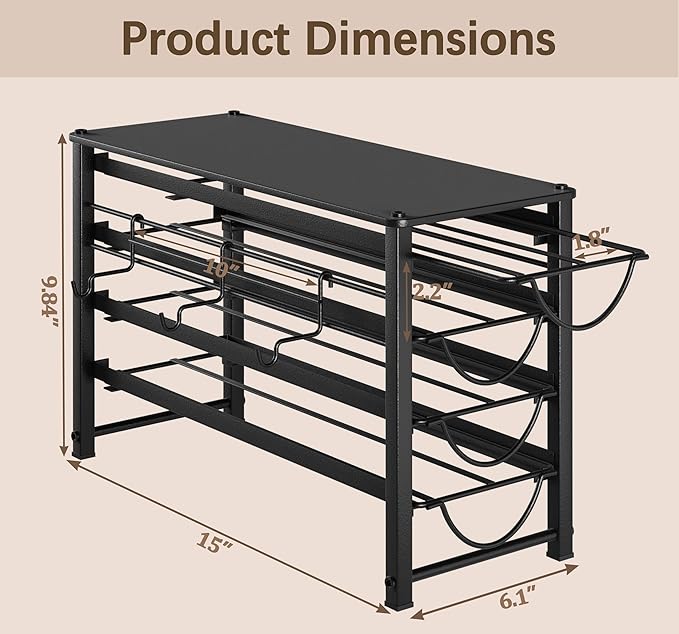 HFHOME Coffee Pod Organizer for Countertop, 4-Tier Metal Storage Drawer, Holds 56 Capsules, Coffee Station Holder for Kitchen, Office, or Home, 3 cup rack, Black