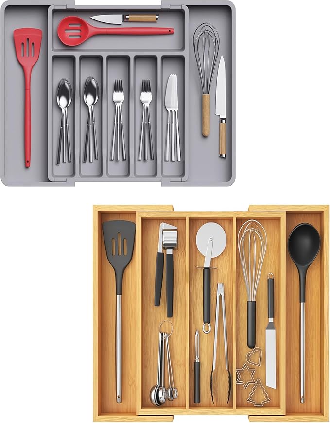 Lifewit Silverware Drawer Organizer, Expandable Cooking Utensil Tray, Adjustable Plastic Storage for Spoons Forks Knives, Large