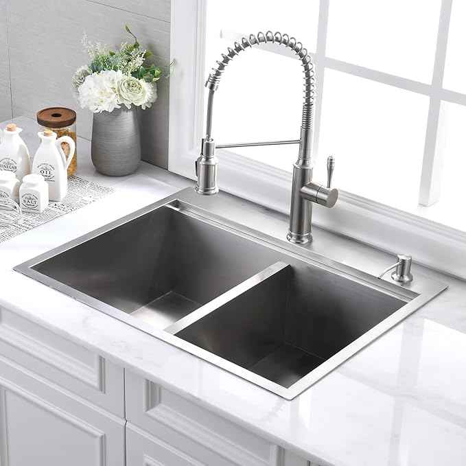 33 Inch Double Bowl Drop In Kitchen Sink Workstation - VOKIM 33 x 22 Inch Stainless Steel sink 16 Gauge Stainless Steel Drop In Kitchen Sink 10 Inch Deep 50/50 Double Bowl Sink