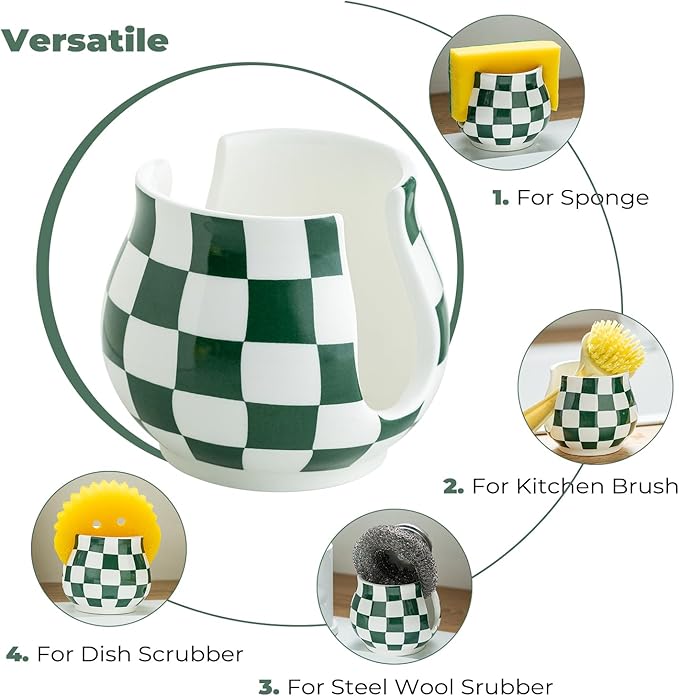 Kitchen Sponge Holder, Ceramic Sponge Organizer Checkered Scrubby Holder Sink Caddy Scrub Dish Rack for Kitchen, Bathroom, Sink, Christmas Decor, Green and White