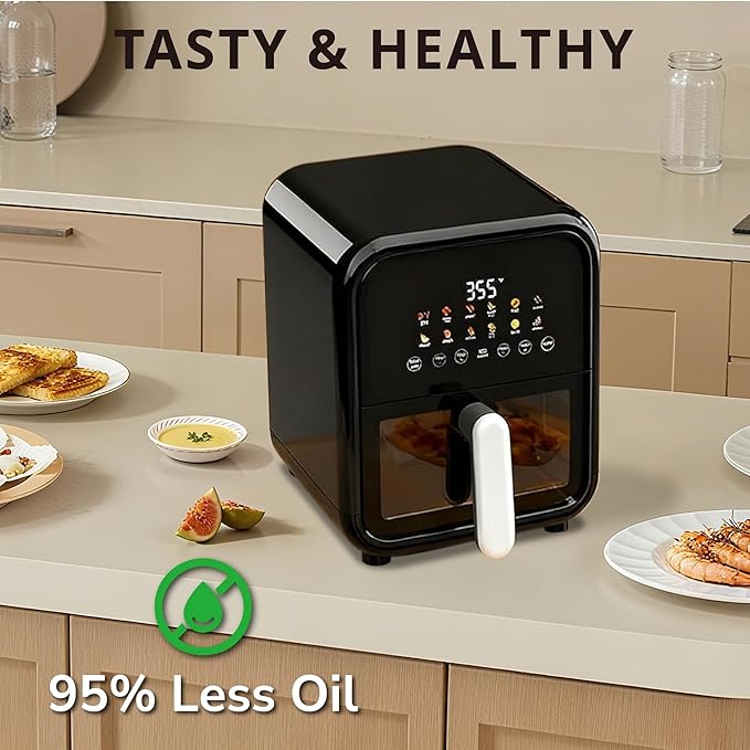 Hexago 12-in-1 Air Fryer, 7.5 QT Air Fryer with Clear Window and Nonstick and Dishwasher-Safe Basket, Square Digital Preset & DIY Function Airfryer, Black