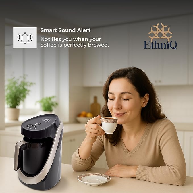 ETHNIQ Turkish Coffee Maker - 100% BPA Free, 120V, 1 to 4 Cup Brewing Capacity with Cook Sense Technology for Delicious Cup of Turkish & Greek Coffee, Turkish Coffee Pot - Black