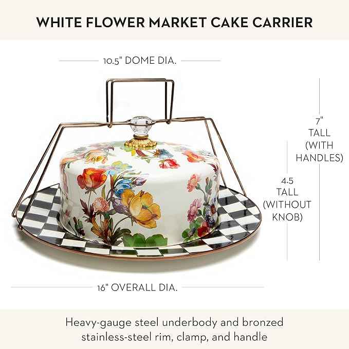 MACKENZIE-CHILDS Cake Carrier, Cake-Dish Serving Platter with Lid and Handles, White Flower Market with Black-and-White Courtly Check