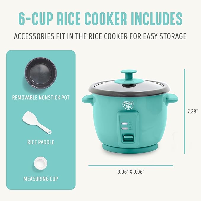 GreenLife Rice Cooker with Removable PFAS-Free Ceramic Nonstick Pot, 3-Cups Uncooked/6-Cups Cooked, Grains & Oatmeal Multicooker, Compact One-Switch Design, Auto Keep Warm, Easy Clean, Turquoise