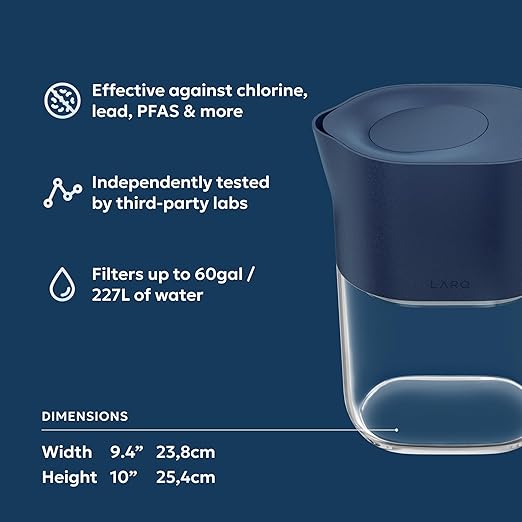 LARQ Water Filter Pitcher 1.9L (8-Cup) – Nano Zero Filter Removes Chlorine, Lead, PFAS & More – Monaco Blue