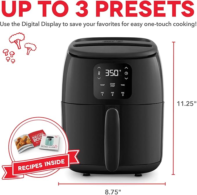 Dash Digital Tasti-Crisp™ Air Fryer - Compact Electric Digital Fryer With Auto Shut-Off Feature - Ideal for Small Spaces - AirCrisp® Technology - 2.6 Quarts - Black