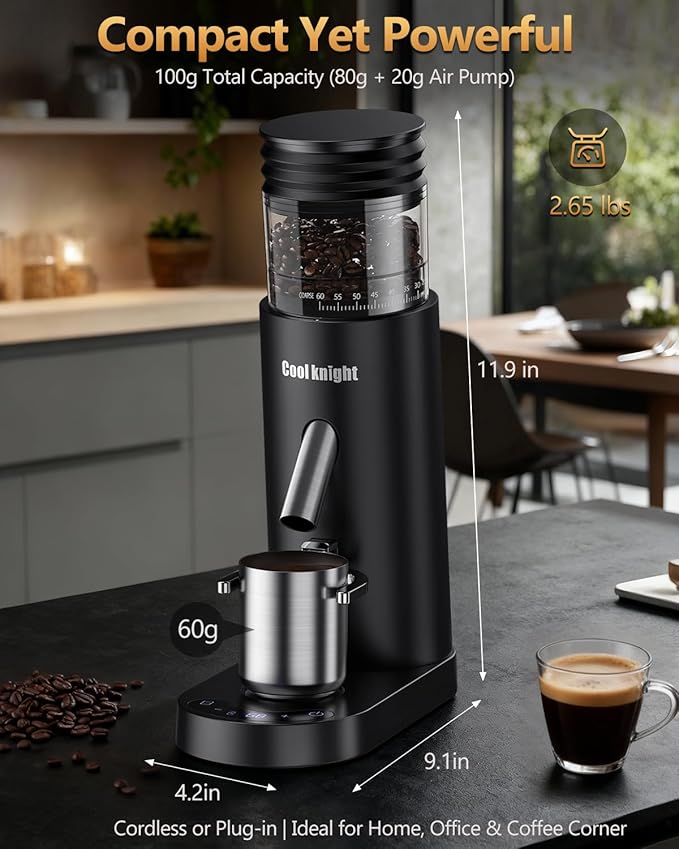 COOL KNIGHT Rechargeable Conical Burr Coffee Grinder, 60 Grind Settings & 5–98 Level Timer, Espresso Grinder with Bellows Hopper and Portafilter Holder, Easy to Clean