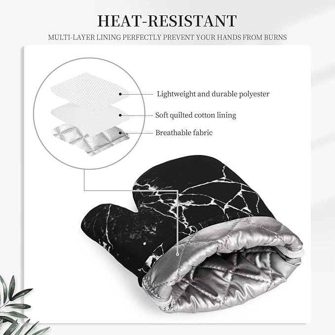 Black White Cracked Marble Oven Mitts and Pot Holders Sets of 4, Heat Resistant Silicone Oven Mittens and Potholders Gloves Hot Pads for Kitchen Cooking Baking Grilling BBQ Chef