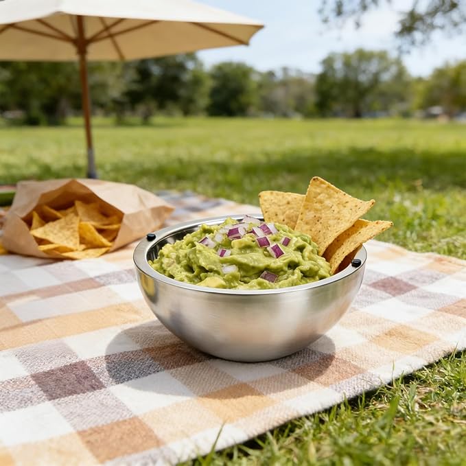 Dip Chiller Bowl 2 Pack- 70 OZ Large Capacity, Frozen Ice Stainless Steel Insulated Party Serving Bowl, Salad Pod for Parties Salsa, Guacamole, Condiments, Sauces, Keeps Food Hot or Cold