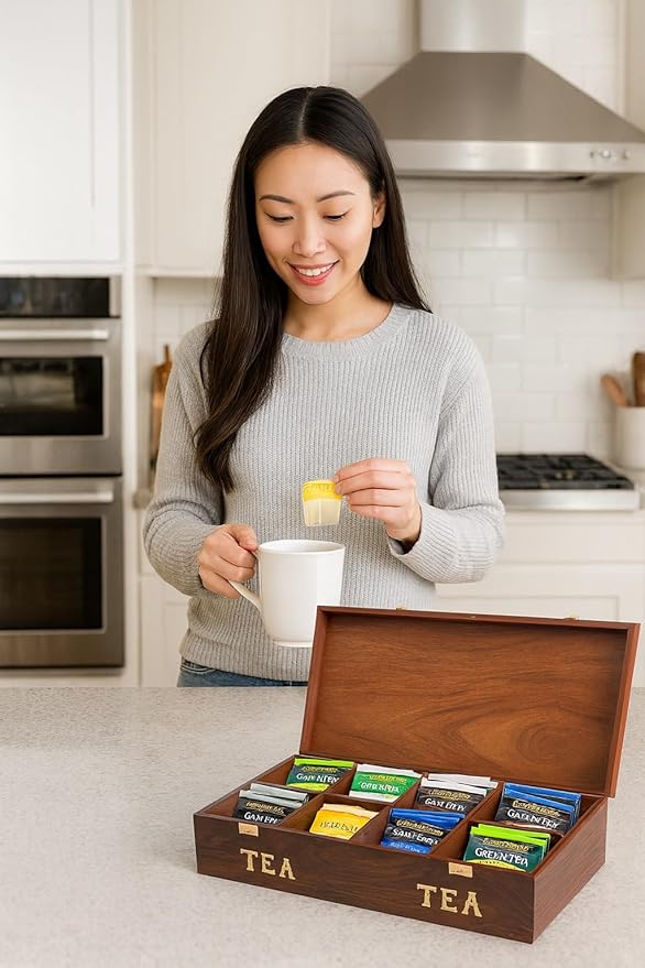 Wooden Tea Bag Storage Box – Sheesham Rosewood Tea Organizer with Brass Inlay, 8‑Compartment Tea Chest, Handcrafted Tea Box for Tea Lovers, Home Décor & Gifts