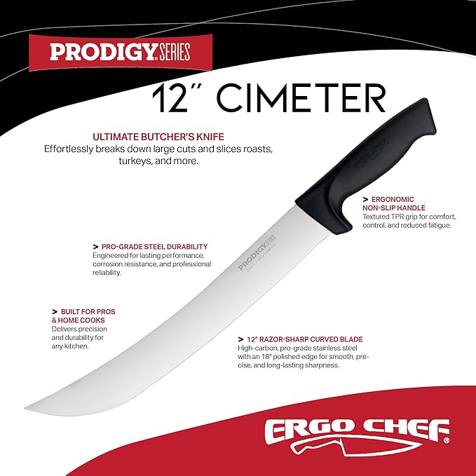 Ergo Chef Prodigy Series 12-Inch Cimeter Breaking Knife - High Carbon Stainless Steel Butcher Knife with Curved Blade, Ergonomic Non-Slip Handle, Black