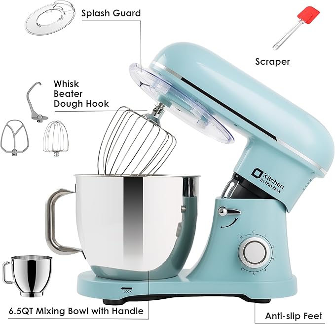 Kitchen in the box Stand Mixer - 6.5 Quart Mixing Bowl with Handle, 900 Watt Heavy Bread Dough Standing Mixers Tilt-head with Dough Hook, Whisk, Flat Beater and Splash Guard (Blue)