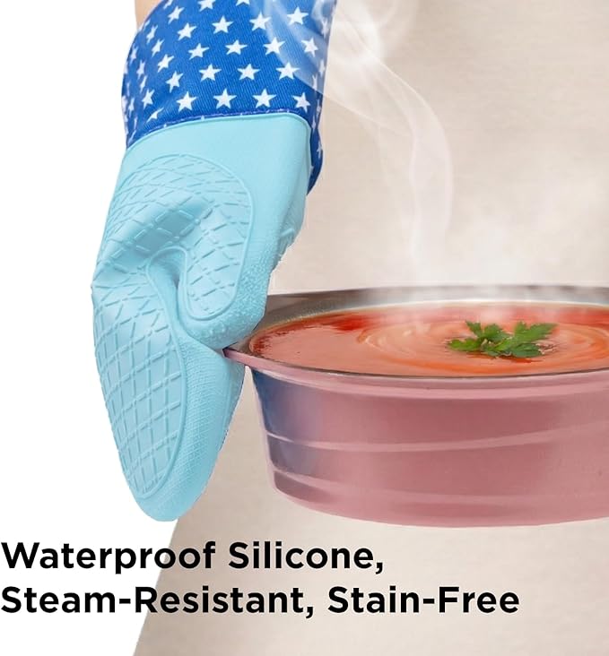 Kitchen Mama UltraShield Silicone Oven Mitts – Heat Resistant, Non-Slip Surface, Durable, Safe, Pot Holders, Flexible Waterproof Glove Set, Perfect for Cooking, Baking, Grilling, BBQ (USA Flag)