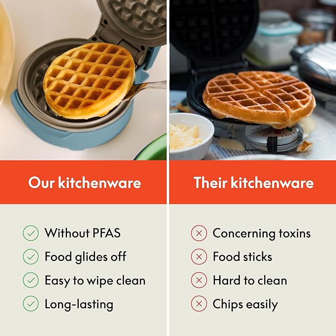 bella Snack-n-Store Min Waffle Maker, EverGood™ Ceramic Nonstick Coating, Cord Wrap, Ready Indicator Light & Cool Touch Handles, Stackable Design & Customizable Plates, 350 Watt, Surf