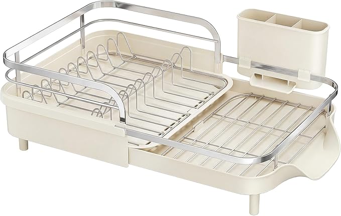 SAYZH Dish Drying Rack - Expandable Dish Rack for Kitchen Counter, Rust-Resistant Dish Drainer with Utensil Holder and Raised Guardrail, Kitchen Organizer for Cup and Bottle (Beige)