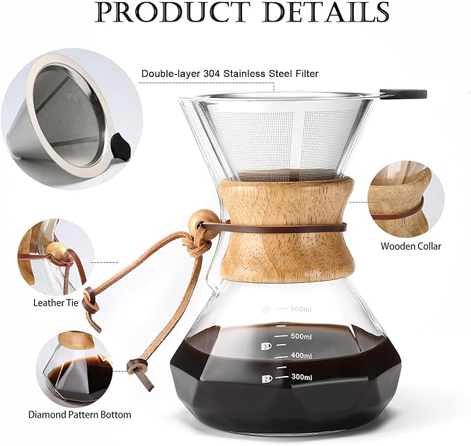 Lalord Pour Over Coffee Maker with Stainless Steel Filter, 20 oz Borosilicate Glass Coffee Carafe, Wooden Collar, Coffee Maker Carafe, Hold 3-4 Cups, 600 ml, Clear