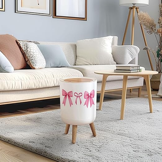 Trash Can with Lid Pink bow coquette y2k aesthetic ribbon elegant accessory pastel tie Press Top Round Small Garbage Bin with Wooden Legs Waste Basket for Kitchen Bedroom Nursery 7L/1.8 Gallon