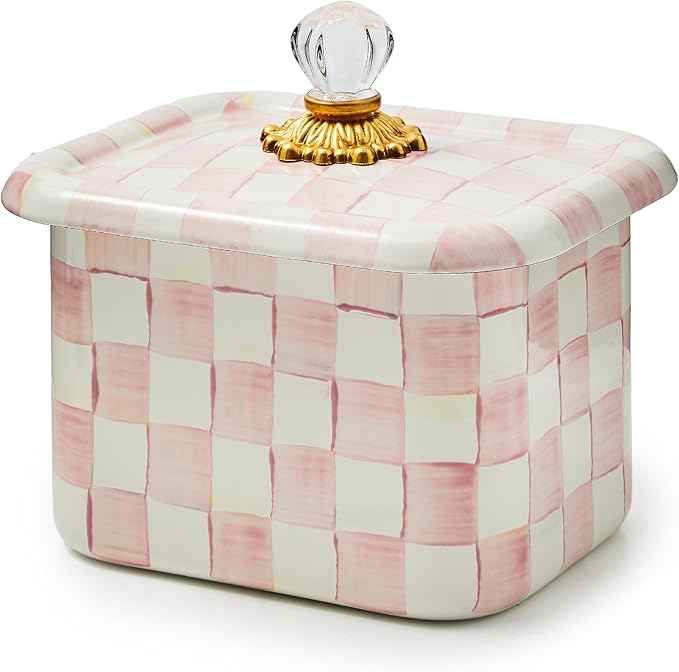 MACKENZIE-CHILDS Enamel Recipe Box, Index Card Box with Lid, Includes 40 Recipe Cards, Pink-and-White Rosy Check