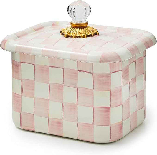 MACKENZIE-CHILDS Enamel Recipe Box, Index Card Box with Lid, Includes 40 Recipe Cards, Pink-and-White Rosy Check