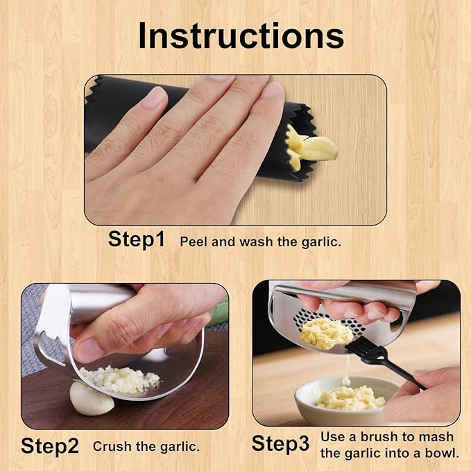 Stainless Steel Hand Garlic Presser Set, Hand Garlic Press with Plastic Peeler Tube and Brush Ginger Crusher Supplies for Kitchen Vegetable Processing Tools