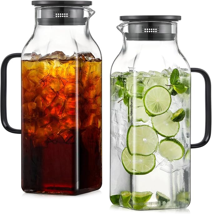 2 Pack 2 Liters/68 oz Square Glass Pitcher with Lid and Handle for Fridge, Iced Tea and Coffee Carafe Beverage Serveware, Heat Resistant Borosilicate Water Black Jug for Hot/Cold Drinks and Milk