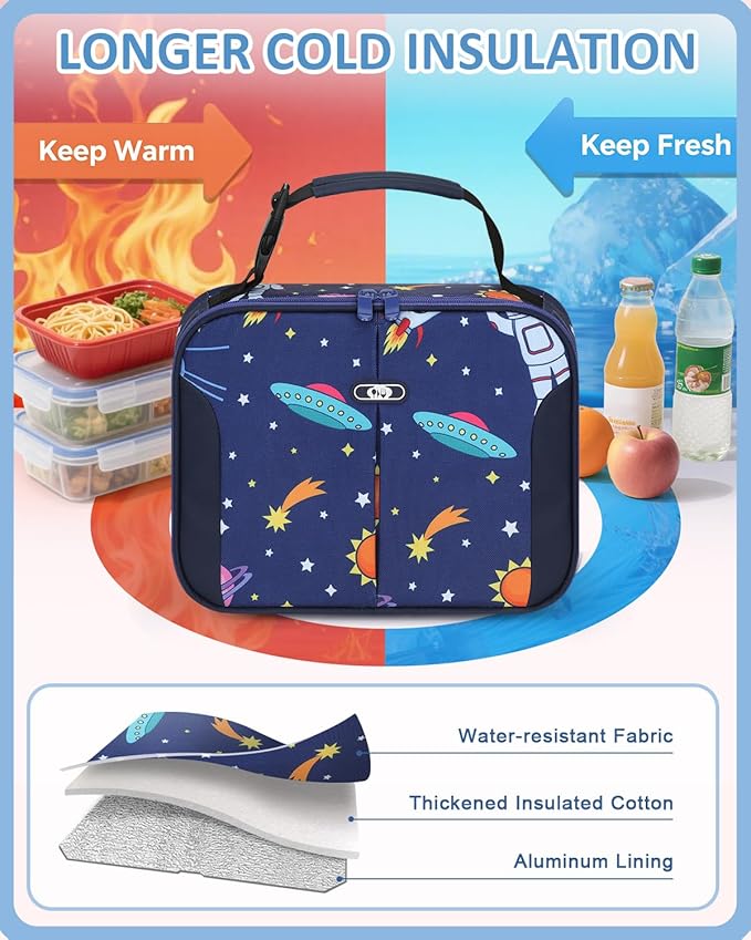 Capolo Insulated Lunch Box for Kids, Cute Thermal Lunch Bag for School, Reusable Lunch Tote for Boys and Girls, Durable Cooler Bag with Easy Grab Handle, Lightweight and Easy to Clean,Deep Blue Space