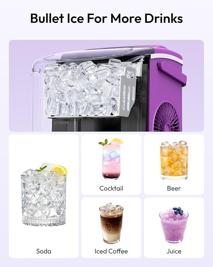 EUHOMY Countertop Ice Maker Machine with Handle, 26lbs Per Day, 9 Ice Cubes Ready in 6 Mins, Auto-Cleaning Portable Ice Maker with Basket and Scoop, for Home/Kitchen/Camping/RV (Purple)