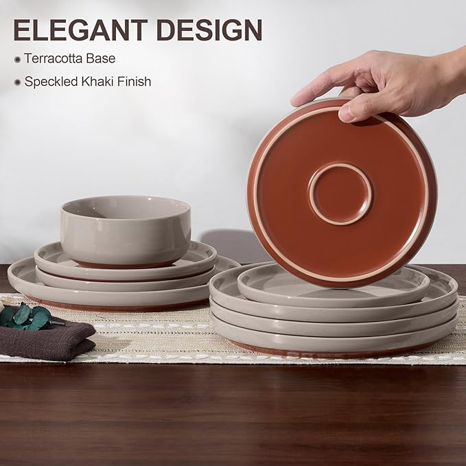 E-far 24-Piece Ceramic Dinnerware Sets, Plates and Bowls Sets for 8, Stoneware Dishware Dishes Set with Terracotta Base, Chip & Scratch Resistant, Microwave & Dishwasher Safe, Speckled Khaki