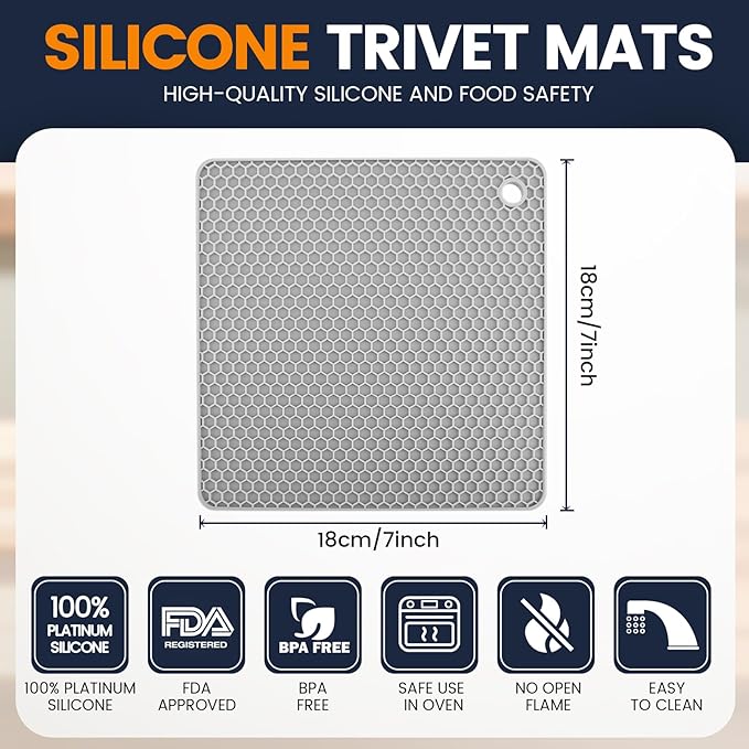 Silicone Trivet Mats 4 Heat Resistant Pot Holders Multipurpose Non-Slip Hot Pads for Kitchen Potholders, Drying mat, Jar Opener, Spoon Holder, Coaster.(Light Grey)