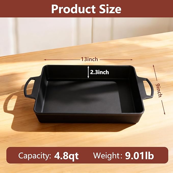 KEESHA 9x13 Inch Cast Iron Detroit Pizza Pan, Pre-Seasoned 4.8 Quart Deep Baking Dish for Casserole, Focaccia, Lasagna, Sicilian Bread, Oven & Grill Safe