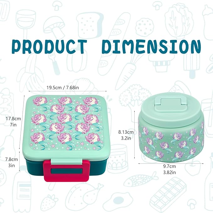 Bento Lunch Box for Kids with 8oz Soup Thermo,Leak-Proof Lunch Containers with 5 Compartment,Thermo Food Jar Food Containers for School (Blue-Unicorn)