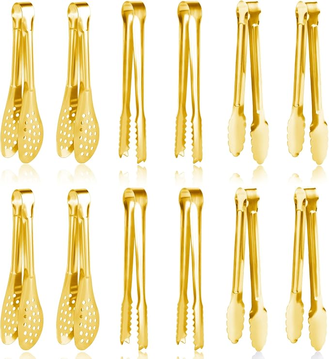 12 Pack Gold Premium Small Serving Tongs, Dmoera Mini Stainless Steel Appetizer Tongs, 5 Inch(12.7cm)