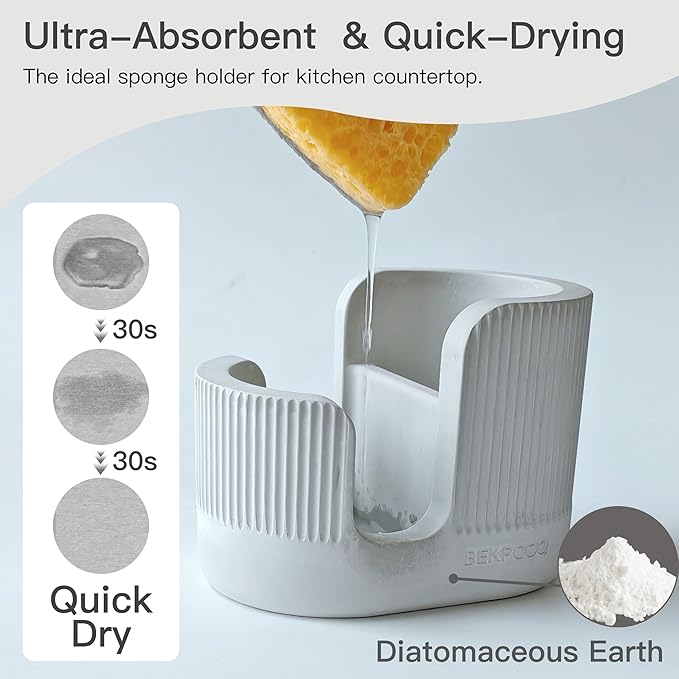 2-in-1 Diatomite Sponge Holder for Kitchen Sink, Quick-Drying Sponge and Dish Brush Holder, Absorbent Stone Sink Caddy Organizer, Light-Gray