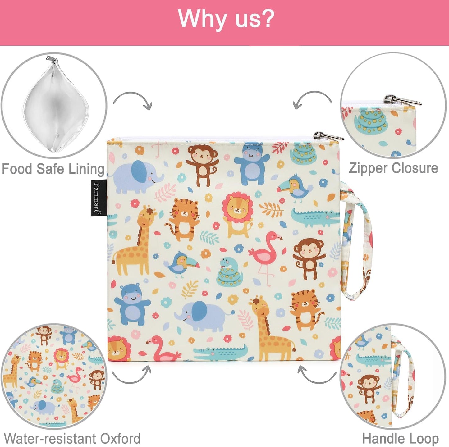 Reusable Sandwich Bag/Snack Bag for Kids & Adults, Dual Layer Lunch Bag with Handle, Washable, Food Safe, BPA Free (1-Pack, Zoo)