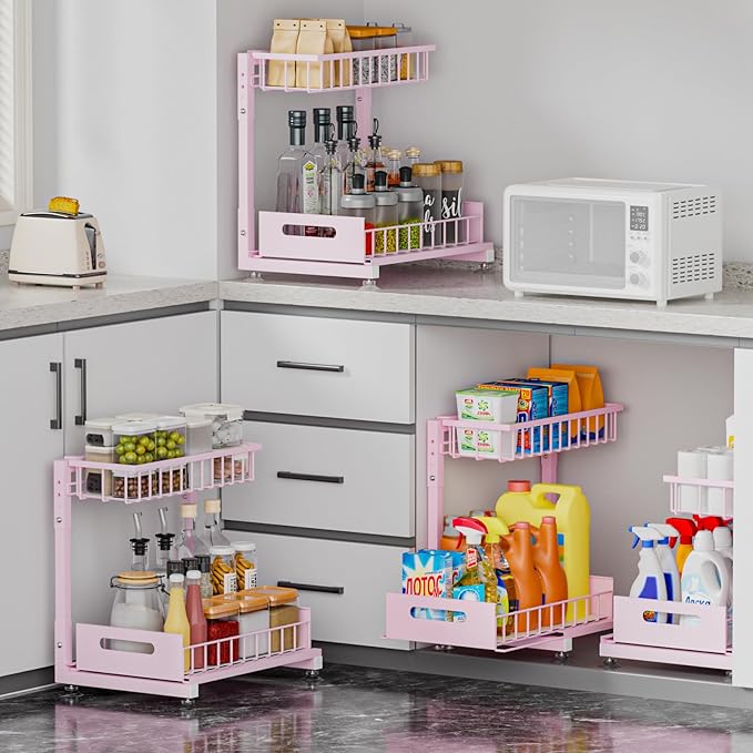 L-Shaped Under Sink Organizer, 2 Pack 2-Tier Pull Out Metal Kitchen Cabinet Organizer with Sliding Storage Drawer, Height Adjustable Heavy Duty Under Bathroom Sink Storage for Cleaning Supplies